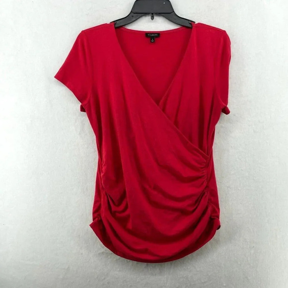 Talbots Tops - Talbots Blouse Women's Sz S Pink Red Wrap V-Neck Ruched Side Stretch Cap Sleeve